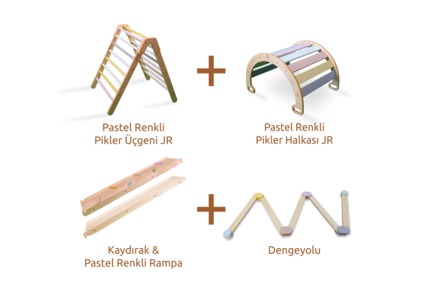 Pastel Renkli Pikler Üçgeni JR + Pastel Renkli Pikler Halkası JR + Kaydırak & Pastel Renkli Rampa + Dengeyolu